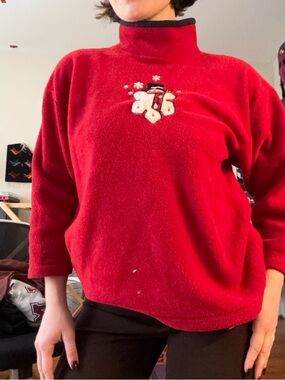 Cozy Red Fleece Pullover Sweater with Snowman Embroidery